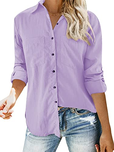 Feziakuk Leinenhemd Damen Knopfleiste Leinenbluse Baumwolle Oberteile Langarm Revers Bluse Einfarbig Tops mit Brusttasche, Lila M