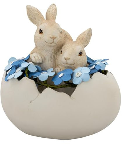 kleines Deko Hasen Figuren Set Kunststein Ø ca. 13.7 cm - Hasenkinder sitzend in Eierschale - Polyresin Osterhasen Frühjahresdeko oder Osterdeko zum hinstellen