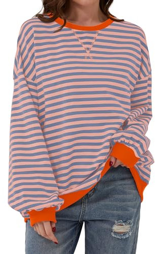 TERIVEEK Women Oversized Striped Color Block Long Sleeve Crew Neck Sweatshirt Casual Loose Pullover Y2K Shirt Top, Pink Blue, S