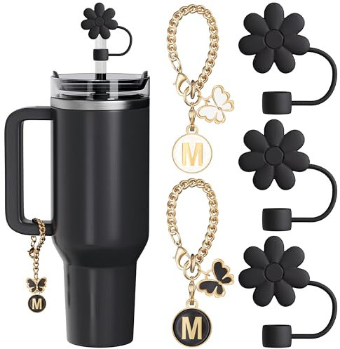 ANLABESY Compatible with Stanley Cup Accessories, 3 Black Straw Attachments for Stanley Cup Straw Cover Caps, 2 Cute Letter Charms for Stanley Cup with Handle (C)