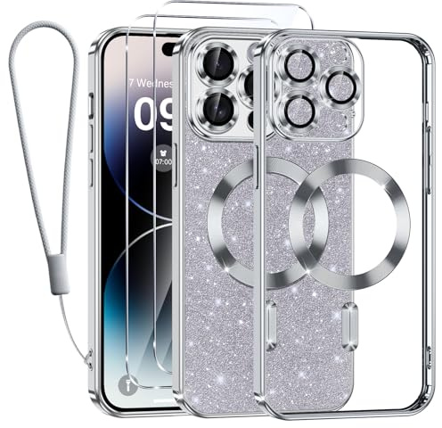Kokio für iPhone 14 Pro Max Hülle Mit Glitzer Karte,Kompatibel mit MagSafe,Mit 2*Schutzfolie und 1*Handykette,Kamera Objektivschutz,iPhone 14 Pro Max 6.7 Flash Handyhülle für Frauen Mädchen,Silber