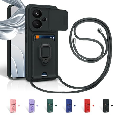 Aithne Cordon de Coque pour Xiaomi Redmi Note 13 Pro Plus 5G/Pro+ 5G(6.67''),Couvercle Coulissant de la Caméra+Support Annulaire à 360 Degrés,Fentes pour Cartes Lanyard Silicone Case -Noir