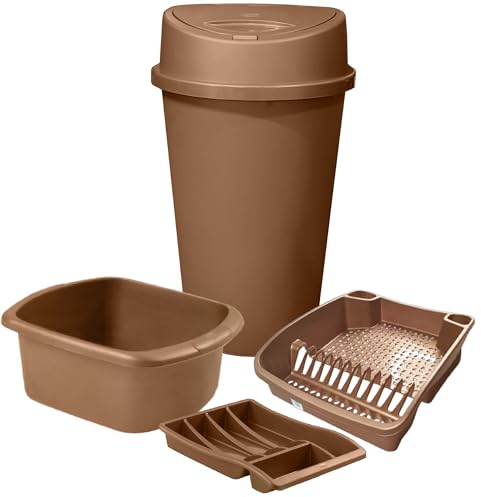 KetoPlastics Rose Gold Kitchen Bin Set - 4 Piece Set - 45L Bin, 12L Bowl, Dish Drainer, Cutlery Tray