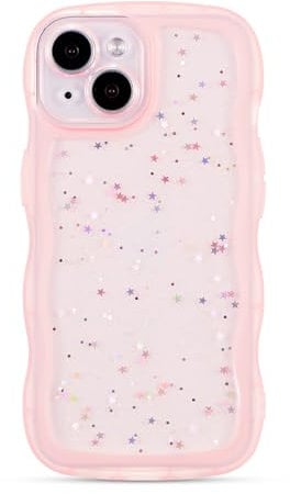 ZTOFERA Wavy Case for iPhone 14 Plus (6.7), Cute Girls Clear Curly Wave Frame Shape Bling Sparkle Star Glitters Soft TPU Back Cover Protective Phone Case Lightweight Shockproof Bumper Cover, Pink