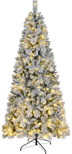 Asinse 5ft/150cm Pre-Lit Slim Snow Flocked Christmas Tree - Premium Artificial Hinged Xmas Tree with 160 Chasing LED Lights, White Heavy Snow Flocking, 450 Branch Tips, Pine Needles, Easy Assembly