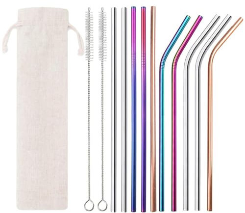 Metal Straws, 13 PCS Reusable Straw, Coloured Straws, with 2 PCS Cleaning Brushes, for Beverage Cups, Gift Case Included (5 PCS Straight Straws+ 5 PCS Bent Straws)