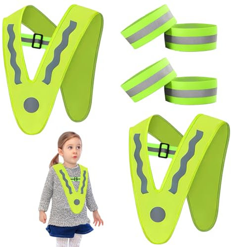 Ehuihuan 2 StüCk Warnweste Kinder Mit Reflektorstreifen, V-Form Sicherheitsweste, Kinderwarnweste Mit 4 Reflektoren ArmbäNder, FüR Kinder Von 2-12 Jahren FüR Sport, Laufen, Fahrrad, Schule