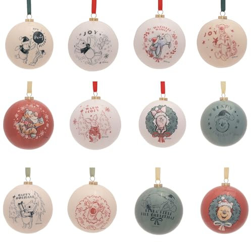 Disney - Set di 12 palline di Winnie the Pooh - Pooh, Tigro, Pimpi e Ih-Oh - Prodotto con licenza ufficiale - Ornamento natalizio in plastica rossa, bianca e blu con corda per albero di Natale