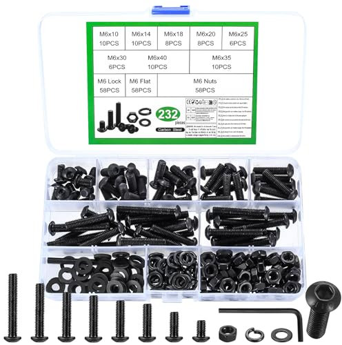 232 Stück M6 Schrauben Set, Innensechskantschrauben Muttern Set, Linsenkopfschrauben Sortiment mit Unterlegscheiben Set, Maschinenschrauben Schwarz Rundkopfschrauben, Gewindeschrauben Set