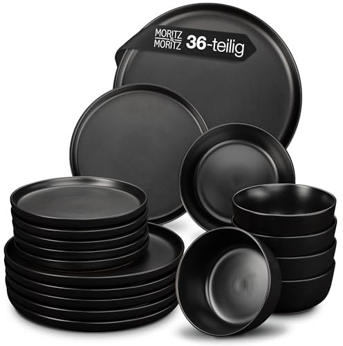 Moritz & Moritz NORDIC Geschirrset 12 Personen - 36-teiliges Steingut Geschirr Set in Schwarz - Skandinavisches Design - Robustes Teller Set 12 Personen für Alltag & Gäste - Kombiservice Geschirrsets