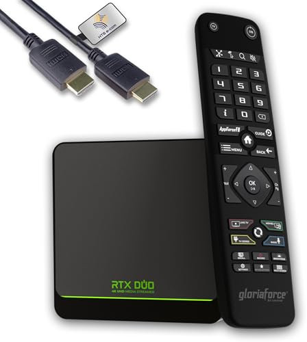 GloriaForce RTX Duo 4K UHD Android 11.0 TV Box 4GB RAM,64 GB Flash, 1 GBps LAN, 5G WLAN, App Force II, S905X4 Quad core ARM Cortex A55, ARM G31 GPU, BT Fernbedienung, HTS e-com HDMI