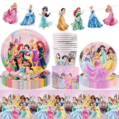 Princesa Set de Vajilla para Fiesta, 52 PCS Princesa Suministros de Fiesta, Princesa Cumpleaños Vajilla, Plato, Servilleta de Papel, Taza, Mantel, Niños Cumpleaños Decoracion