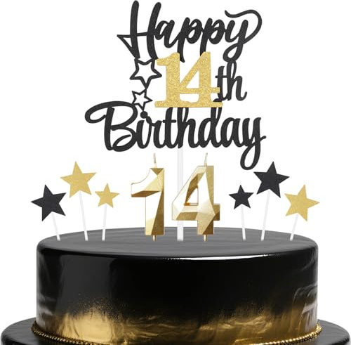 Black Gold 14th Birthday Candles Cake Toppers Set,14th Birthday Decorations for Boy,Golden Number 14 Candle for Cake,Gold Candle Black Star Cupcake Toppers for Girls Boys Birthday Party Supplies