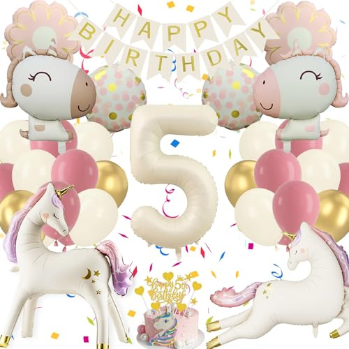 Einhor Deko Kindergeburtstag 5, Riesiges Mattweiß Rosa 4D Luftballons | Einhor Geburtstagsdeko Ballon Banner und Tortendeko, Party Deko Geschenke für Mädchen (Set Geburtstagsdeko 5 Jahre Mädchen)