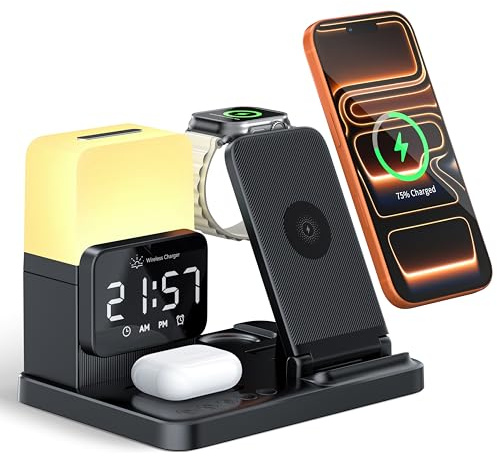 6-in-1 Wireless Charging Station, Charger Stand for Apple Multiple Devices, for iPhone 16 15 14 13 12 Pro Max Watch Airpods, Wireless Charger iPhone Charging Station with Night Light and Alarm Clock