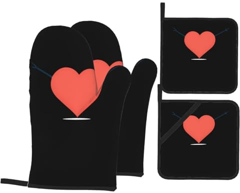 WHJSHOP Love Card mit Herz-Aufdruck, Küchen-Backset, isolierter Ofenhandschuh und Topflappen, Verbrühungsschutz und Wärmeisolierung, 4 Stück