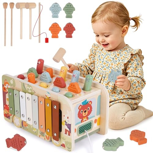 Melofaver Montessori Wooden Hammering Pounding Toy for 1 Year Old Baby Gift | Kids Toy with Xylophone, Fishing Game, Toddler Learning Montessori Toys for 1 2 3 Year Old Girls Boys Christmas Birthday Gift