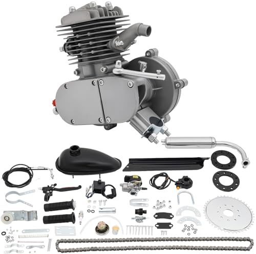 80cc Fahrrad Motor Set 2-Takt, 2L Kraftstofftank 40km/h Motorrad Umbau-Komplettset, Alu-Eisen Motor mit 44 Zähne Kette, Motor Für Fahrrad Geeignet für 26-28 Zoll MTB