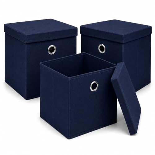 Set of 3 Fabric Storage Cube Box with Lid, Foldable Fabric Storage Basket, Non-Woven Storage Organiser Bin with Handle for Clothes, Toys, Books, Shelves, Wardrobes & Home Storage (Navy, 25x25x25cm)