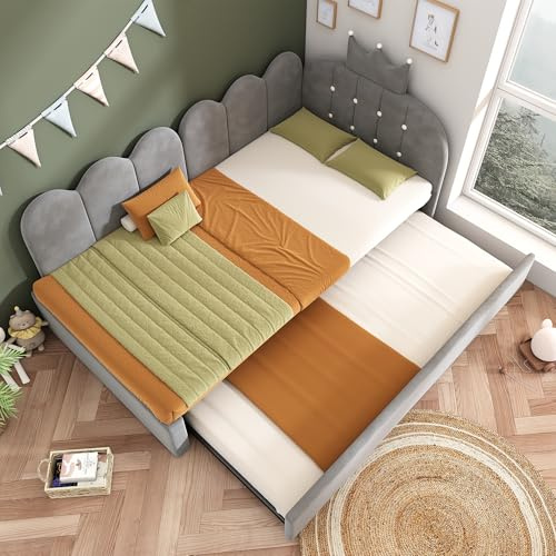 FAVSH Sofabett/Einzelbett 90x200 cm, L-Form, Samt, Krone Gitter Design, Niedliches Kronen, mit Ausziehbett 90x190cm Daybett mit Lattenrost, Kinderbett Jugendbett Erwachsenenbett, ohne Matratze(Grau)
