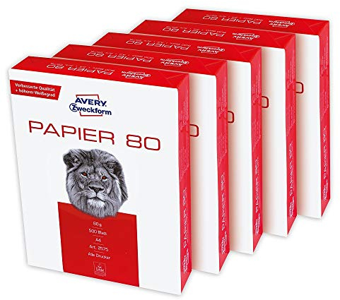 AVERY Zweckform 2575 Drucker-/Kopierpapier (2.500 Blatt, 80 g/m², DIN A4 Papier, für alle Drucker) 1 Box mit 5 Pack, weiß