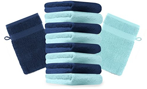 Betz Lot de 10 Gants de Toilette Premium Bleu foncé et Turquoise, Taille: 16x21 cm