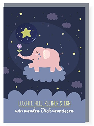dabelino Trauerkarte für Kinder/Mädchen (Baby, Sternenkind, Fehlgeburt) mit Stern-Button + Umschlag (Motiv: rosa Elefant)