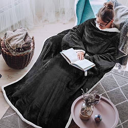 Sherpa Blanket with Sleeves for Women and Men Black, Super Soft Microplush Adult Comfy Throw Robe TV Blanket 72 x 55, Comfort Caring Gift | Catalonia series by Terrania