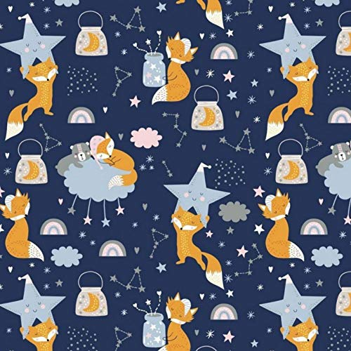 100x160cm Fuchs 100% Baumwolle Baumwollstoff Kinder Meterware Handwerken Nähen Stoff (Fuchs Nacht Dunkelblau, 100x160cm (11,99€/m))