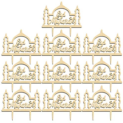 PRETYZOOM 10pcs Eid Mubarak Cake Toppers Ramadan Mubarak Cake Toppers Cupcake Decorations Wooden Cake Toppers Ramadan Decorations for Table Ramadan Party Favors (Beige)