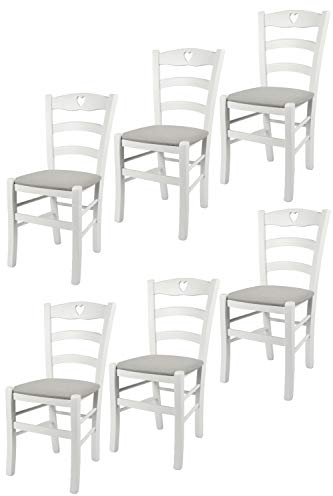 t m c s Tommychairs - 6er Set Stühle Cuore für Küche und Esszimmer, Robuste Struktur aus Buchenholz, deckend Weiss lackiert und gepolsterte Sitzfläche mit Stoff in der Farbe Perlgrau bezogen