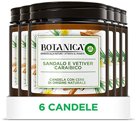 Airwick Botanica Kerze mit Wachs aus natürlichem Ursprung, 6 Duftkerzen à 250 g mit Duft von Sandalen und karibischen Vetiver, Duftspender für Umwelt