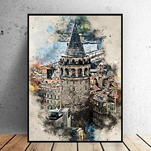 FVLFIL LYFCV Modernes Bild Retro Istanbul in Aquarell Kunst Leinwand Poster Home Decor Gemälde 50x70 cm ohne Rahmen