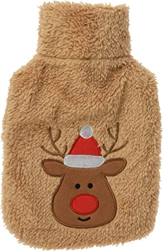 Wärmflasche mit flauschig weichem Plüschbezug und süßer Tiermotiv -Stickerei, 28 x 18 cm 0,85 Liter (Rentier)