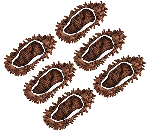 MECCANIXITY Washable Cleaning Shoes Cover Multifunction Chenille Duster Mop Slippers Foot Socks for House Floor, Pack of 6 Brown
