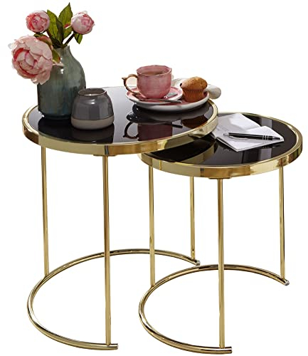 Design Satztisch Como Schwarz/Gold Beistelltisch Metall/Glas | Couchtisch Set aus 2 Tischen | Kleiner Wohnzimmertisch | Metalltisch mit Glasplatte | Ablagetisch modern