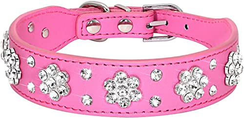 haoyueer Rhinestone Dog Collar, Cute Flower Rhinestone Cat Dog Collar Bling Collar PU Leather Collar Adjustable Sizes Small Medium Large (S, Hot Pink)