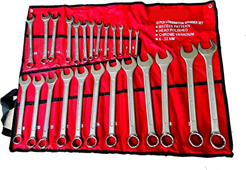 25PC Combination Spanner Set Polished Head Metric Open Ring Wrench 6-32MM in Pouch