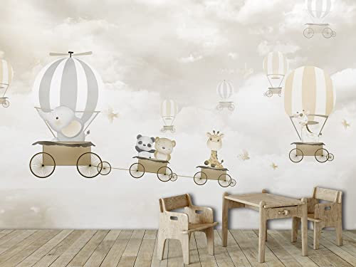 Oedim Fotomural Infantil Vinilo para Pared Animales en Globo Aerostático sobre Cielo, Mural, Fotomural Vinilo Decorativo, 150x100cm, Decoración comedores, Salones, Habitaciones