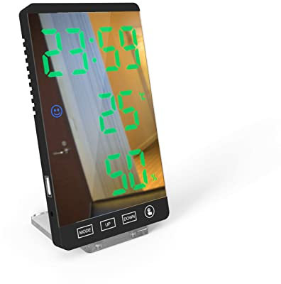 ThreeH LED Spiegel Wecker Temperatur Feuchtigkeits Monitor Digitaluhr für Wand Schreibtisch Moderne Dekoration für Zuhause Büro Schwarz_Grün
