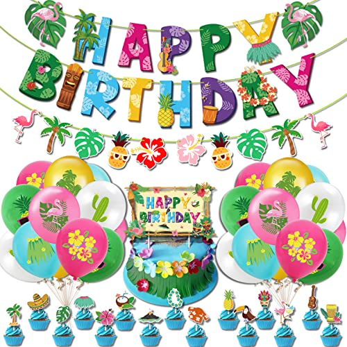 43 Stück Hawaii Party Deko, Happy Birthday Banner Dekoration, Beach Hawaii ballons mit Banner, Hawaii Dekoration Set, Hawaii Cake Topper fürTropischen Garten Strand Geburtstags Party Dekoration