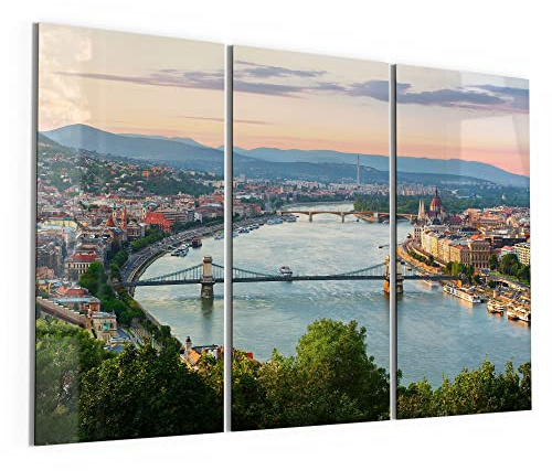 DEQORI Glasbilder Echtglas | Motiv Blick über Budapest | horizontal 3-teilig 150x100 cm | große XXL Deko | Wandbilder für Wohnzimmer, Schlafzimmer, Flur & Küche | moderne Wanddeko