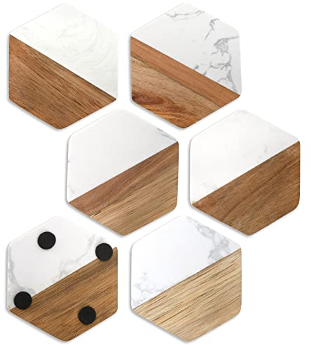 ZENFUN Lot de 6 dessous de verre en bois marbré, hexagonaux, géométriques, fabriqués à la main pour vos boissons et boissons, thé, café, vin et bar, aide de protection de table