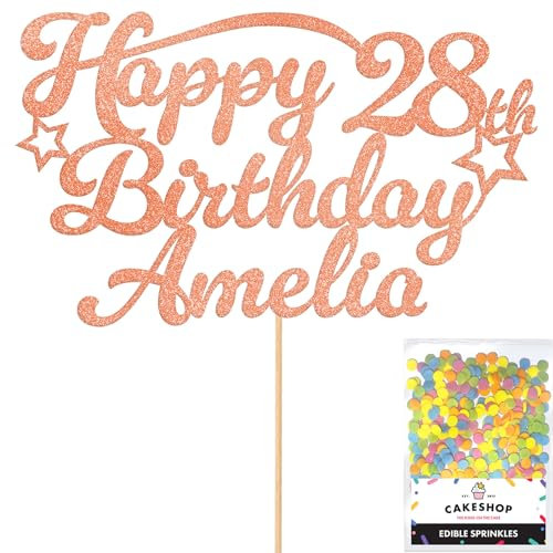 Personalised Happy Birthday Glitter Cake Topper Stars - Rose Gold Any Name & Any Age Glitter Cake Decoration and Sprinkles - Happy Birthday Decorations - Personalised Toppers for Cakes by Cakeshop
