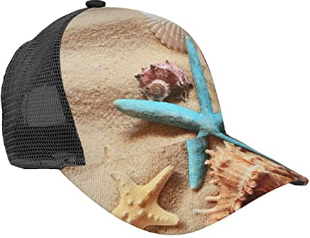 BAFAFA Shells on The Beach Bedruckte Mesh-Kappe Sommer Mesh Baseball Cap Outdoor Cap Mesh Trucker Hat Dad Hat Verstellbare Atmungsaktive Kappen Schwarz, Schwarz , One size
