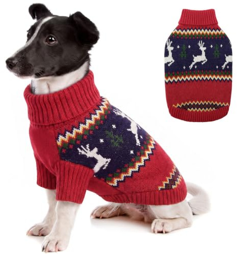 KONVINIT Weihnachtspullover Hund - Weihnachtliche Pullover mit Rentier s | Kuscheliger Weihnachtspulli für Pomeranian & Yorkie,hoher Rollkragen schützt,perfektes Hund Weihnachten Kostüm für Fotos