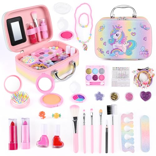 Comius Sharp Einhorn Schminkkoffer Mädchen, Kinderschminke Set Mädchen, Waschbar Schminke Kinder Mädchen, Rollenspiel Spielzeug Geschenke für Mädchen 6 7 8 9 10 11 12 Jahre