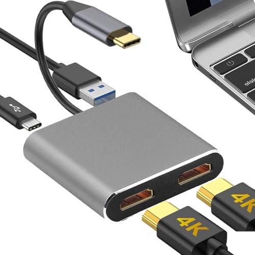 CLIUNT USB C to Dual HDMI Adapter 4K@60Hz, 4 in 1 USB Type C to Dual Monitors Multiport Adapter, 2 HDMI USB C Hub Adapter for Laptop MacBook Pro/Air, Surface, Dell, LenovoYoga, Chromebook