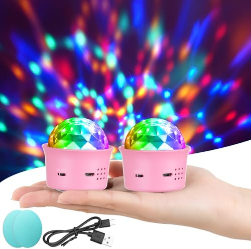 URAQT Mini Discokugel Licht,2 Stück DJ Ball USB Stimme Steuerung Disco Party Lichter Blitzlicht Bühnenbeleuchtung Effektlicht Tragbar Wiederaufladbar Discokugel für Partys Autoinnendekoration Rosa