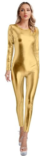 TiaoBug Damen Metallic Gymnastikanzug Slim Fit Stretch Ganzkörperanzug Langarm Overall Jumpsuit Skinny Hose Einteiler Fitness Yoga Outfits Gold L